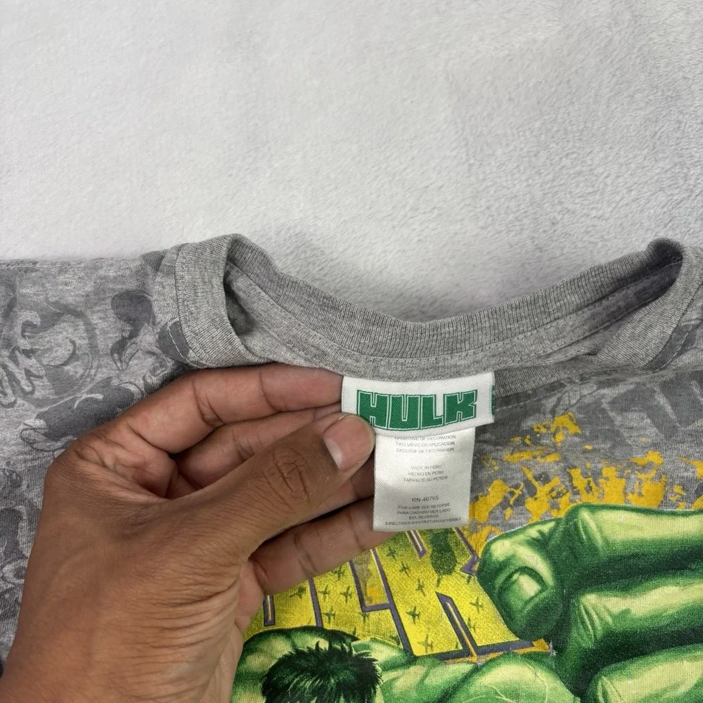 Y2K 2008 Hulk Marvel AOP Grey Long Sleeve Graphic Shirt Boys Size 7